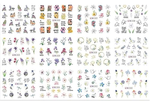 Water Transfer Nail Decals for Nail Art, Floral Flower and Butterfly Stickers for DIY Manicure - 12 Sheets with Vibrant Spring Designs - Ermaoo