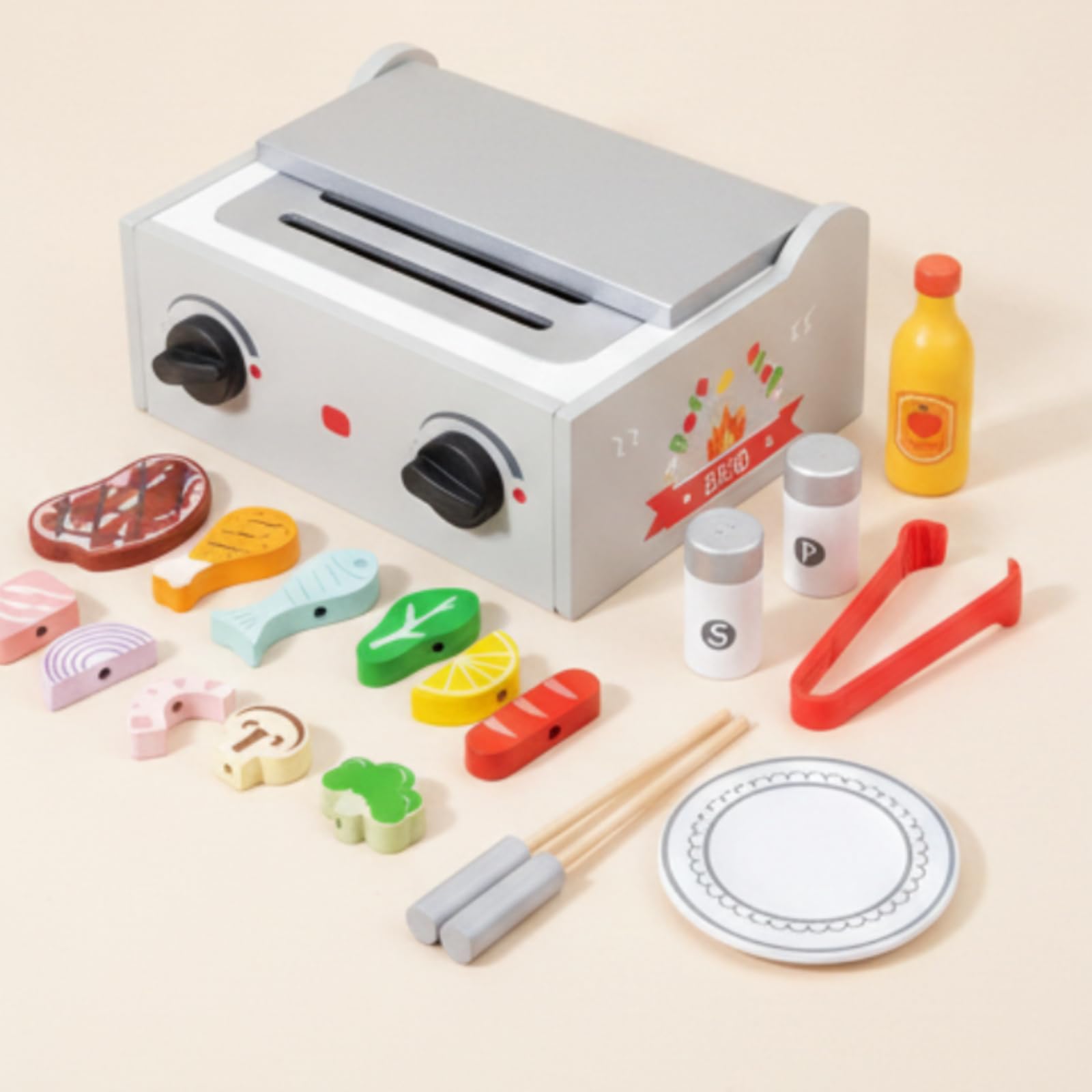 kowaku Barbecue Giocattolo in Legno Barbecue Giocattolo con Accessori da Tavolo Gioco di Ruolo per Bambine, Scuola Dell'infanzia