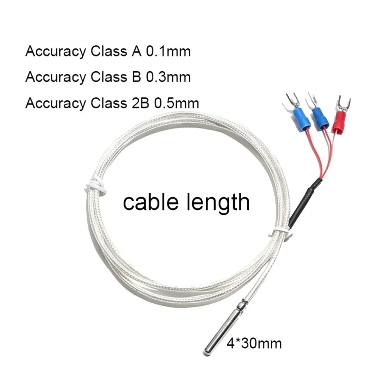 Termopar tipo K, Termistor de sonda medición temperatura PT100 termopar 4x30MM con conector 3 terminales Cable PTFE 1/2/3/4/5M(4m Cable Length,A Level 0.1mm)