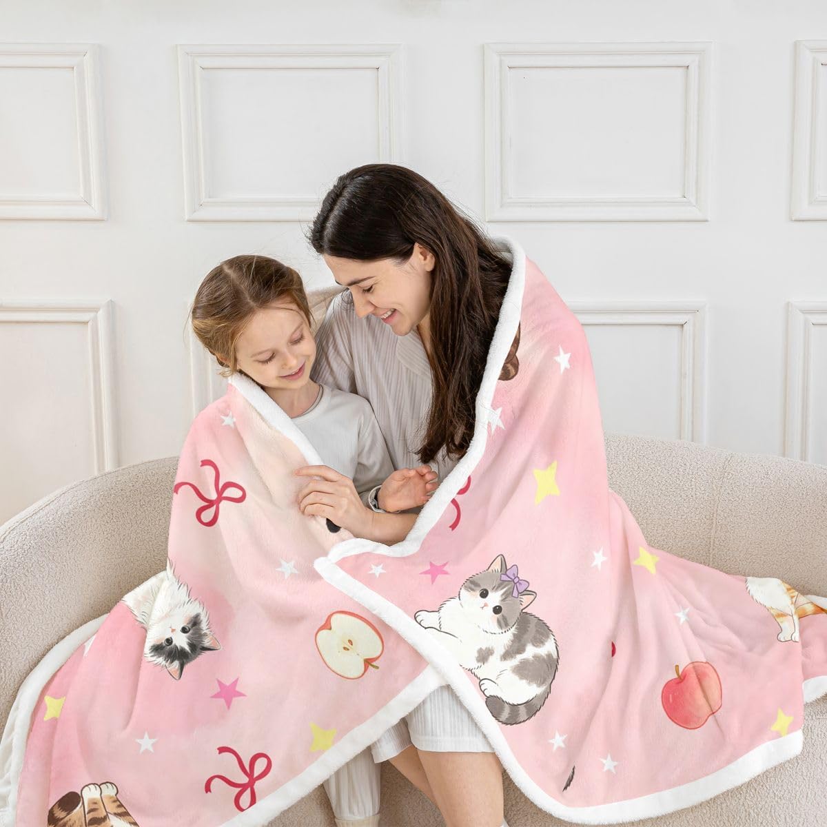 Castle Fairy Cute Kitten Kids Throw Blanket,Watercolor Apple Bowknots Bed Blanket,Kawaii Pet Lover Girls Sofa Decor,Pink Orange Red Fuzzy Blanket,40 x 50 Inches image 5