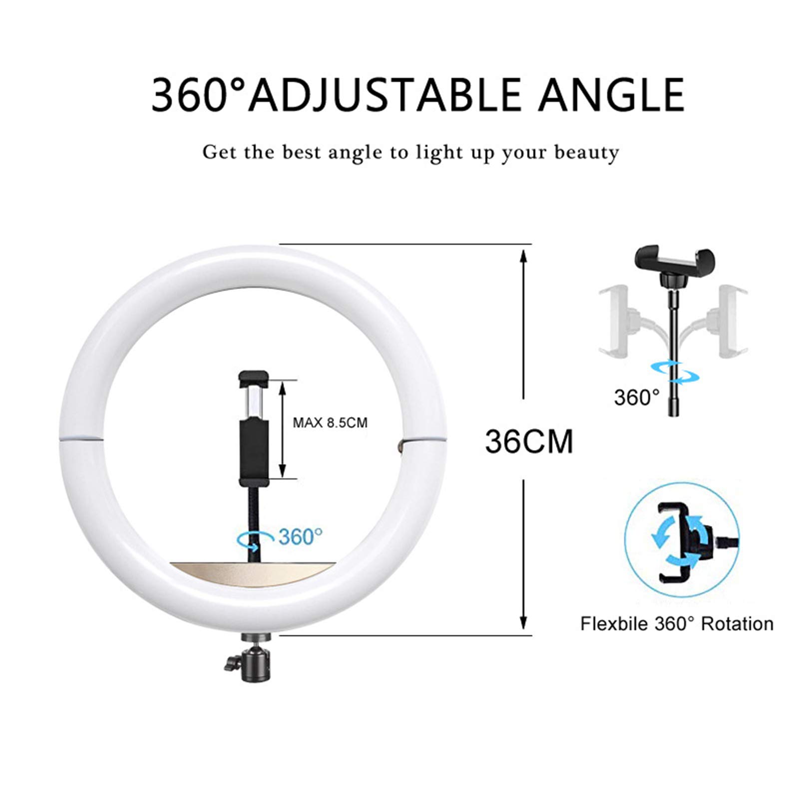 Luce LED Anello Treppiedi 14" Lampada Anulare Regolabile con Treppiede da 130cm per Youtube, tik tok, Trucco, Fotografia, 3 Phone Holder per iPhone/Android