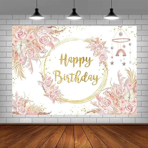 Miniatura 4 de SENDY Telón de fondo bohemio de feliz cumpleaños de 7 x 5 pies para niñas, decoración de fiesta de cumpleaños floral rosa, hierba de las pampas,