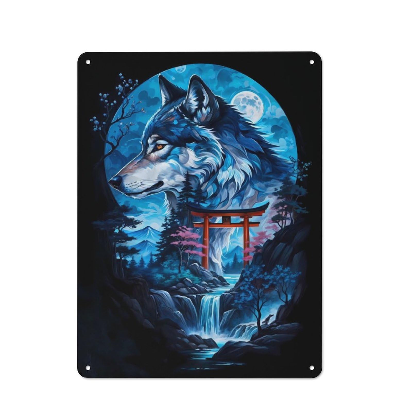 Junmoney Wolf Silhouette Torii Gate Metal Sign 40X30cm With For Home Bar Wall, Vintage Decor, Wall Decoration For Home Bars And Entertaining Spaces