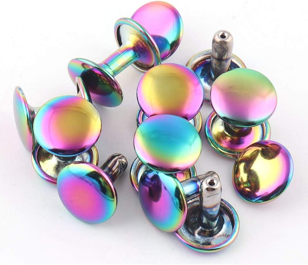 10mm Rainbow Double Cap Rivets,Metal Button Round Rose Gold Rapid Rivet,Rivet Studs for Purse Bags Handbags Shoes Belts Leather Craft DIY (Rainbow 100pcs)