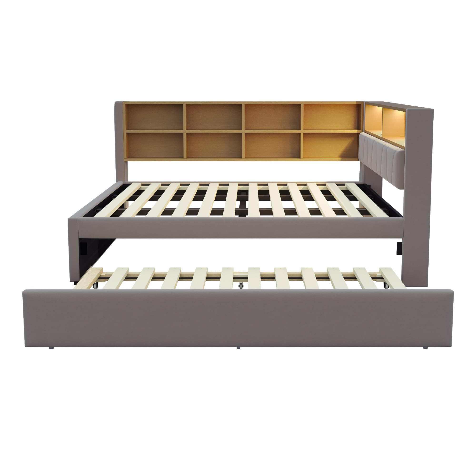 Letto imbottito Daybed 140x200cm, Divano letto con letto estraibile, Letto matrimoniale con luci LED, Prese e scomparti, Divano letto multifunzionale, Telaio del letto, Flanella (Grigio scuro