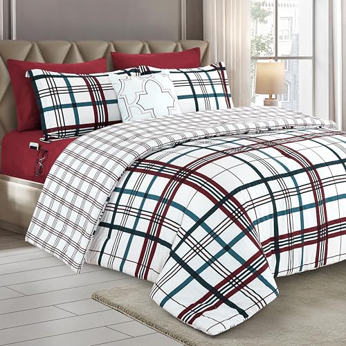 Image of Elegant Comfort 8-Piece Lodge Plaid Reversible Comforter Set - All Season Bed in a Bag, 4-Piece Sheet Set Featuring Smart Pockets, Matching Shams and Decorative Pillow, King /California King, Burgundy