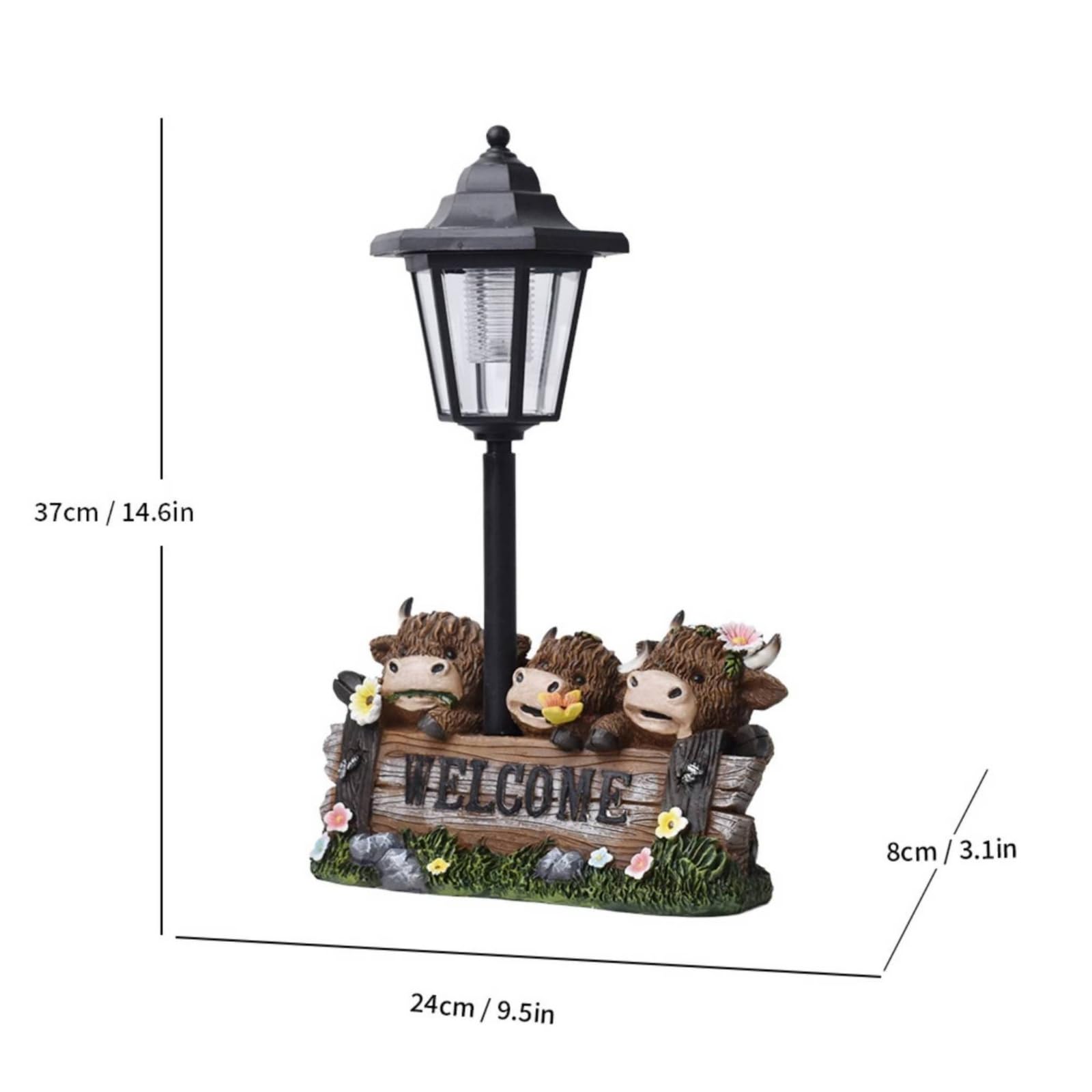 Decorazione con Mucca delle Dipinta a Mano e Luce Solare Lanterna Autoportante Statua da Giardino Rustica per Aiuole, Mucca di Benvenuto