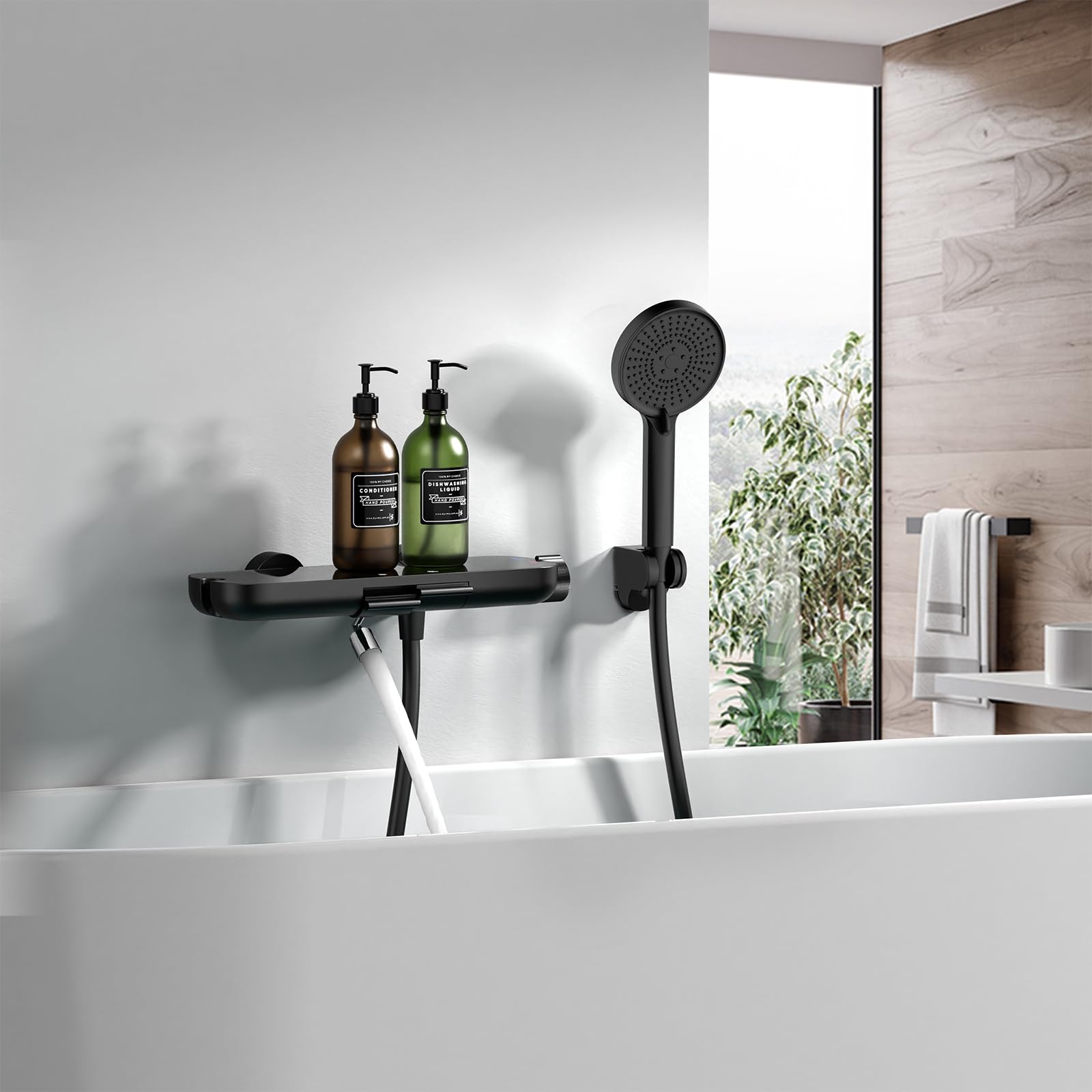 HOMELODY Badewannenarmatur schwarz mit Handbrause | 360° drehbarer Auslauf, Badewannenarmaturen mit Duschbrause, Glasablage, 1,5 m PVC Schlauch, Mischbatterie zur Wandmontage