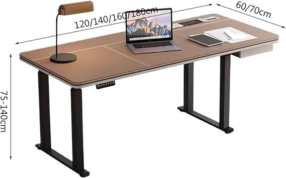 Office Height Adjustable Electric Standing Desk Saddle Leather Tabletop Sit Stand with Charging Outlets, Brown Study(M)