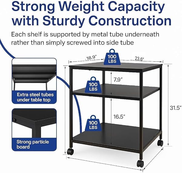 Heavy Duty 3-Tier Printer Stand with Locking Wheels, 23.6"x18.9" *31.5" Large Printer Table Shelf, Holds 100 lbs per Shelf - Fits Most 60" Desks, Perfect for Office, Home, Laser Printer or Mini Fridge by EMERIT - Image 2