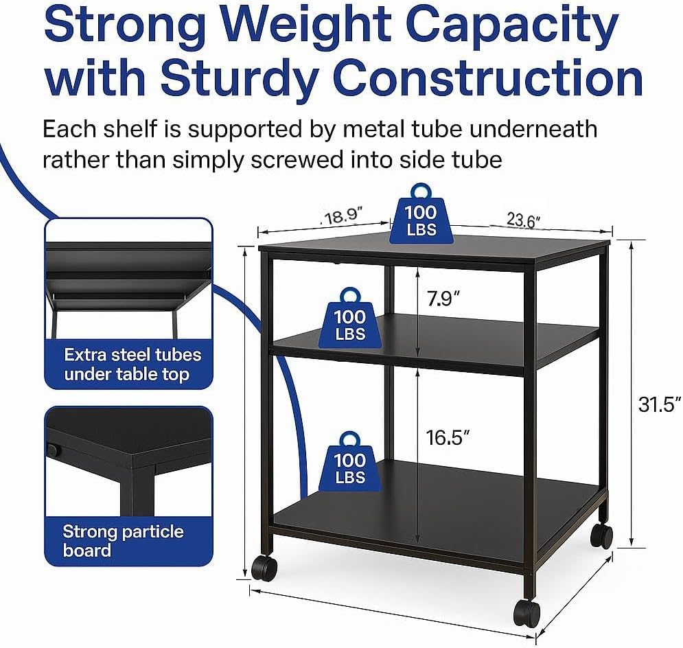Image of Heavy Duty 3-Tier Printer Stand with Locking Wheels, 23.6 inchx18.9 inch *31.5 inch Large Printer Table Shelf, Holds 100 lbs per Shelf - Fits Most 60 inch Desks, Perfect for Office, Home, Laser Printer or Mini Fridge