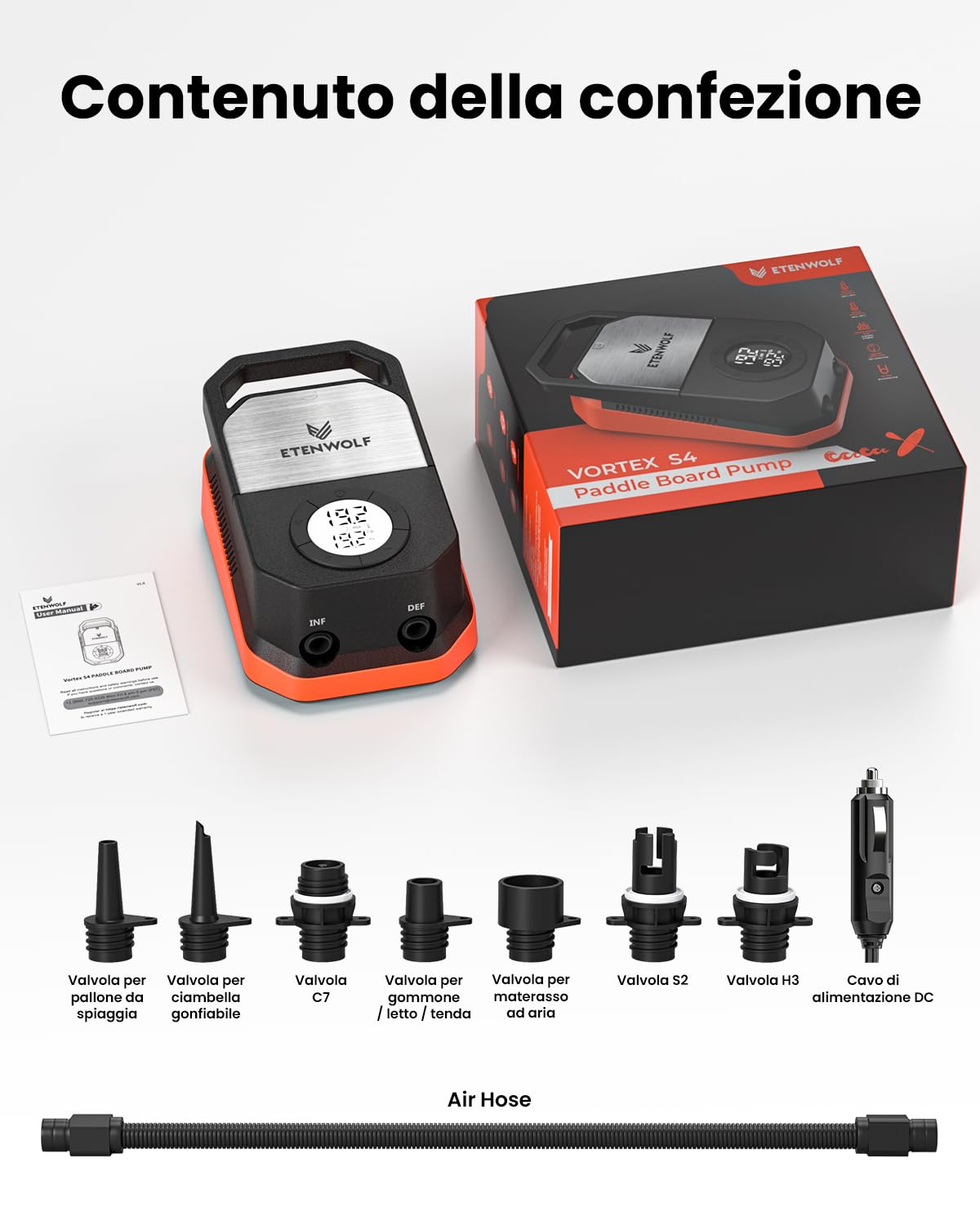 ETENWOLF Pompa ad aria S4 Paddle Board da 1,4 bar ad alta pressione 12 V DC con arresto automatico e deflazione, 4 pompe elettriche veloci per barche di stand up paddle board, kayak, materasso ad aria