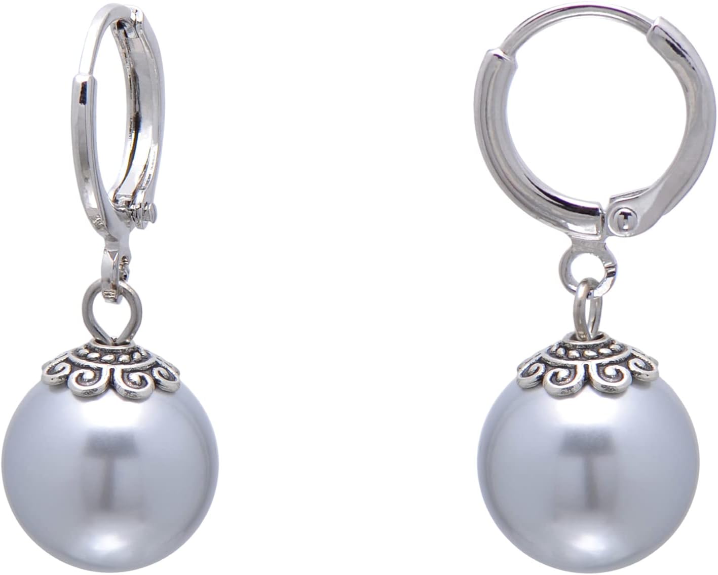 12 MM Shell Pearls Vintage Dangle Hoops Leverback Earrings for Women