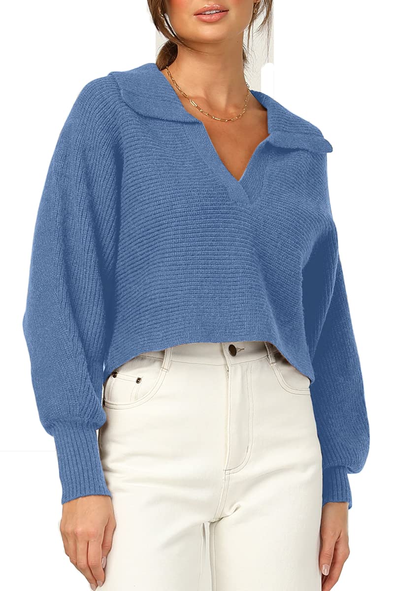 CHYRII Women Overized Puff Long Sleeve V Neck Knitted Polo Pullover Sweater Jumper Tops