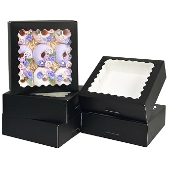 Bakepacker 36pcs Black Pie Boxes 9x9x2.5 inches Easy Assemble Macaroon Cookie Boxes Bakery Boxes with Window for Bakery Auto-pop Up