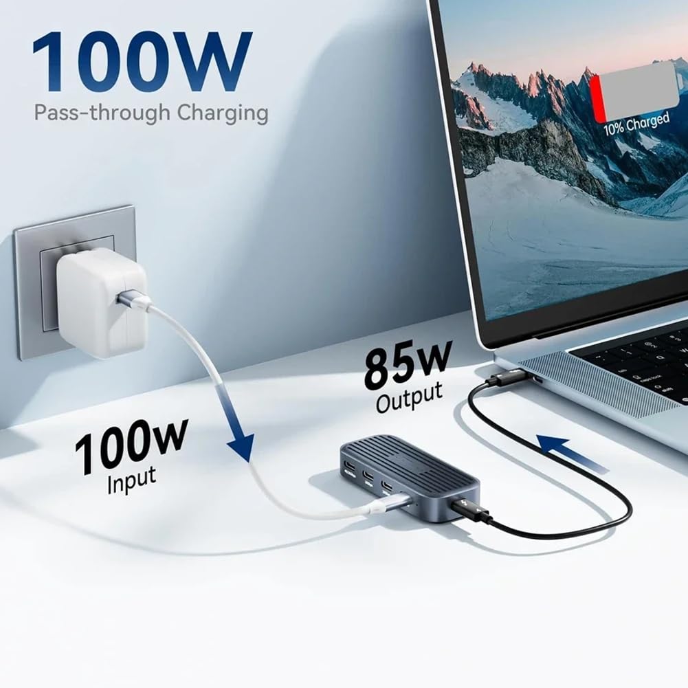 Hub USB C 10 Gb/s z wyjściem wideo 4K przy 60 Hz, PD100 W, adapter rozdzielacza USB 3.2 Gen2 do laptopa