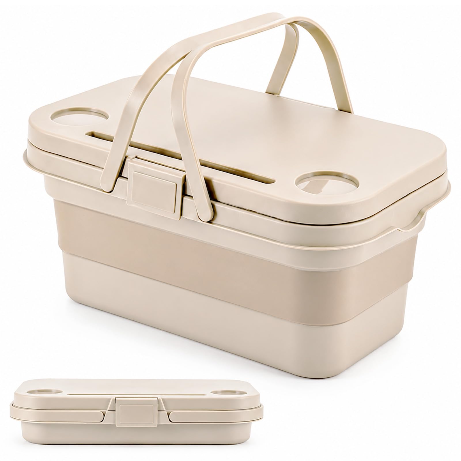 EVERGOODS Collapsible Picnic Basket with Lid, 2-in-1 Foldable Outdoor Storage Basket, Portable Picnic Table with Cup Holders, TPR+PP Material, for Camping, Beach, Picnic, Home Storage