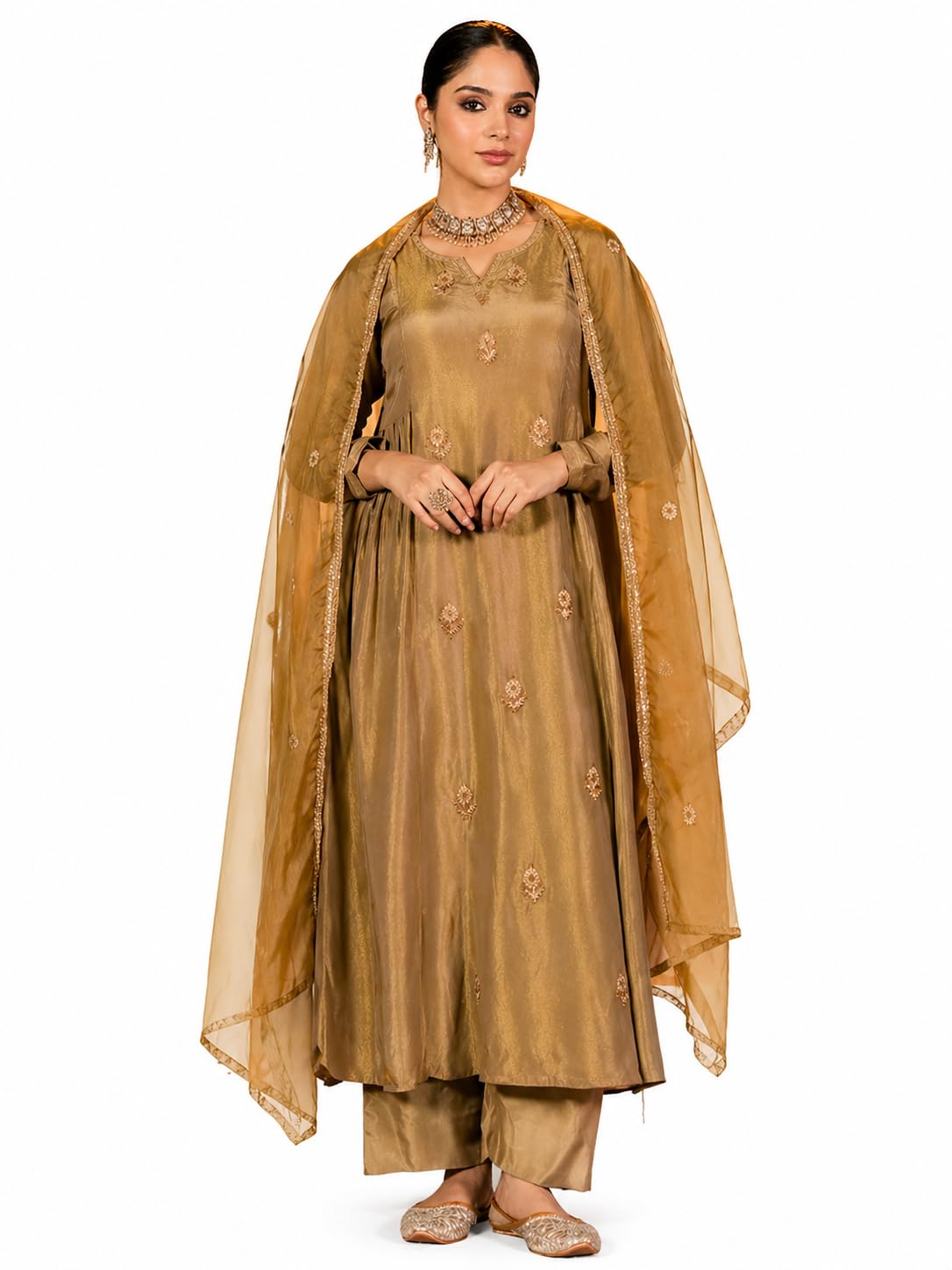 Women’s Chanderi Silk Kurta Pant Dupatta Set, Embroidered Ethnic Suit Set for Festive Wedding Party Traditional Occasion-picture-14