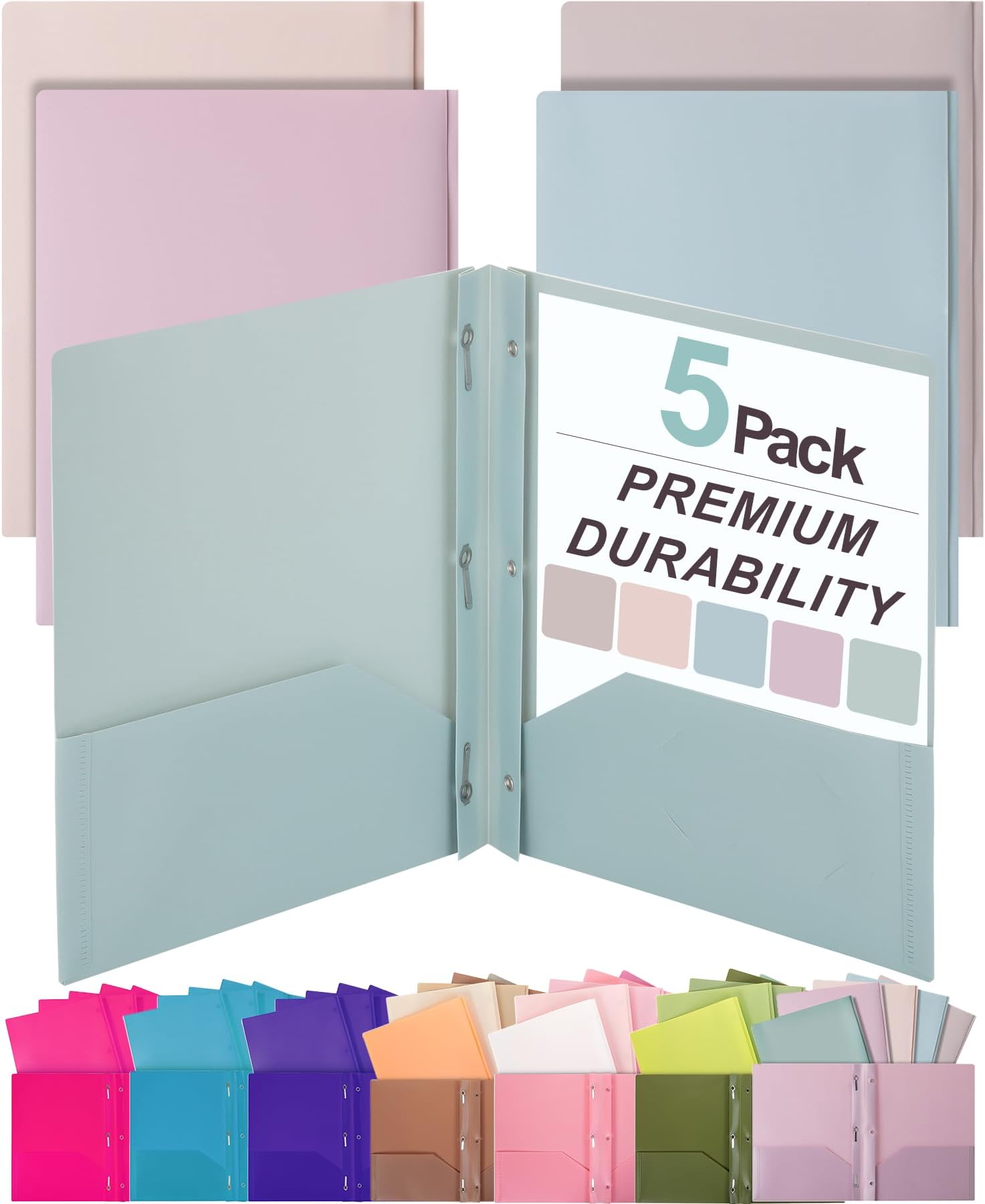 Plastic Folders with Pockets and Prong, 5 Pack, Muted Pastel Colors, Pocket Folders, File Fasteners, 2 Folder, Two