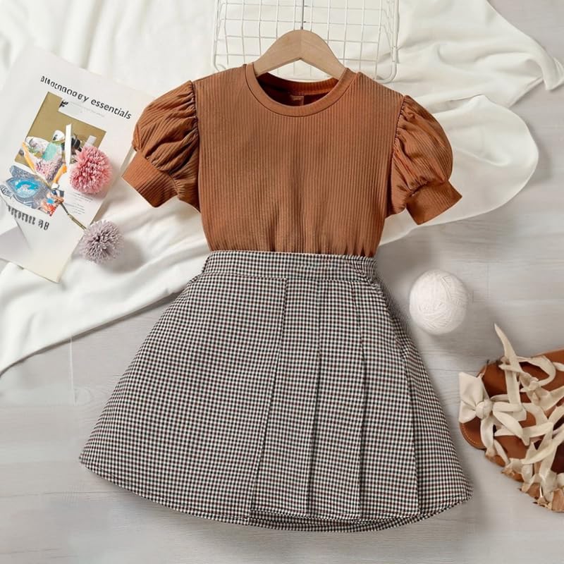 Image of Niren Enterprise Brown Dipper Chacks Printed Short Sleeve Baby Girl Frock
