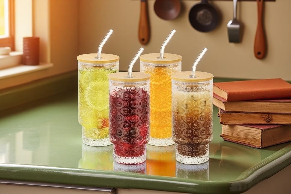 Vintage Glass Cups with Bamboo Lids and Straws–4Sets 11oz Iced Coffee Cups for Women, Aesthetic Glass Tumblers for Juice, Cocktail, Whiskey – Housewarming Gifts for New Home, Coffee Bar Accessories - Image 9