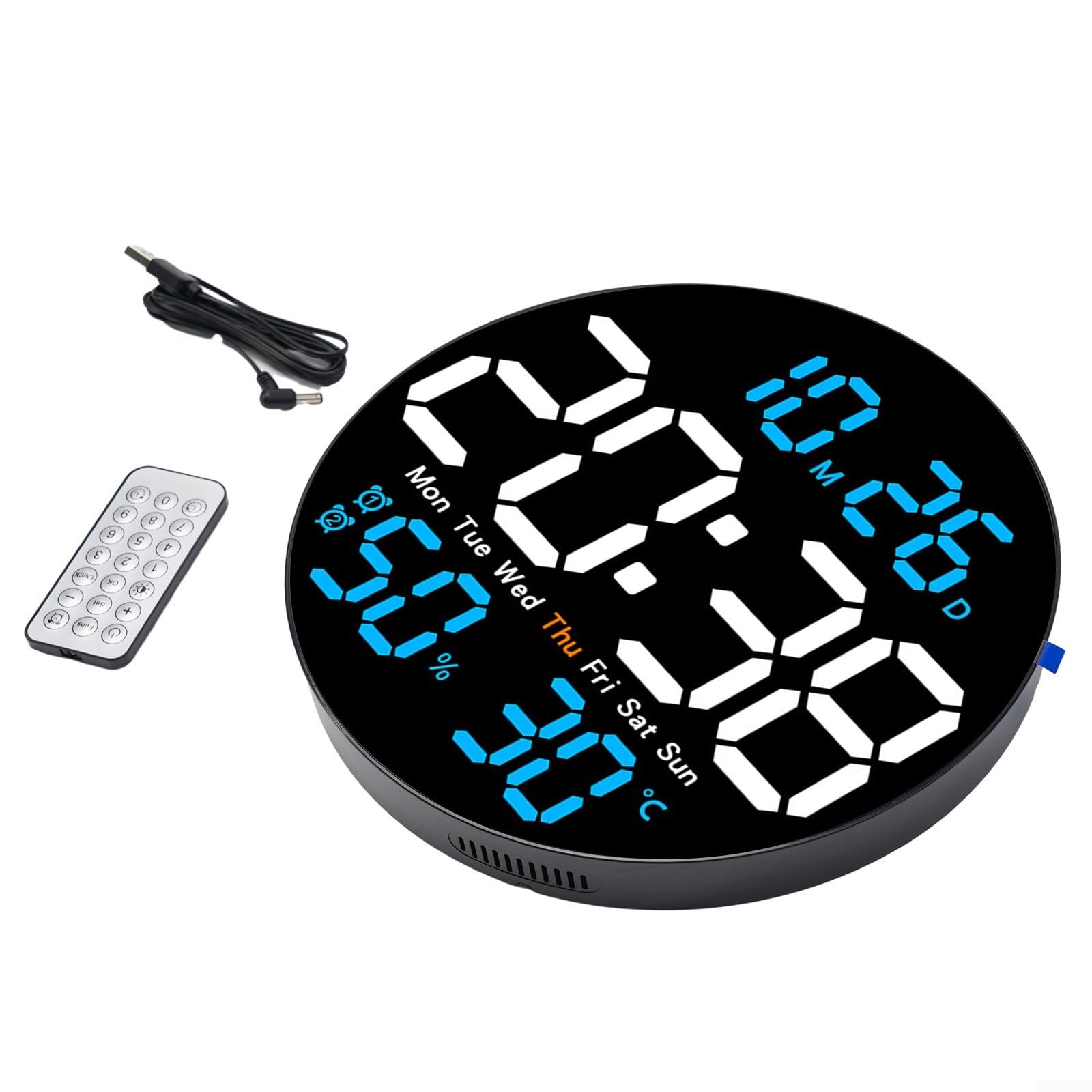 Horloge murale numérique 25 cm bleue avec thermomètre date et alarme pour salon