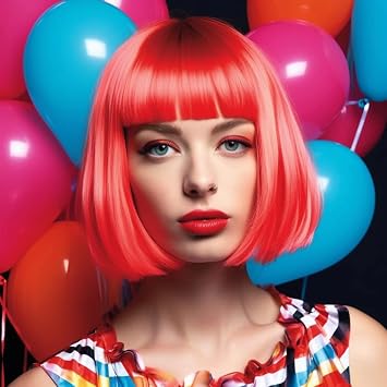 Party Wigs Wig Cap and Sunglass Set,Short Bob Hair Wigs Straight with Flat Bangs Synthetic Colorful Cosplay Daily Party Neon Wig for Women (Red)