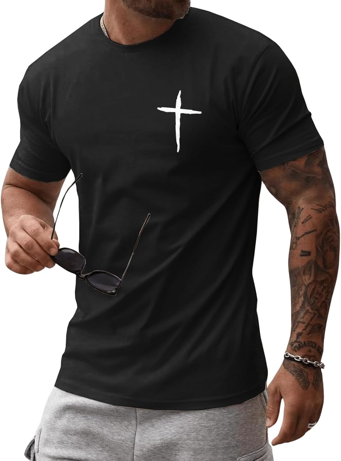 iudam Mens Short Sleeve Cotton T-Shirts Crew Neck Jesus Cross Printed Shirts Faith Christ Shirts