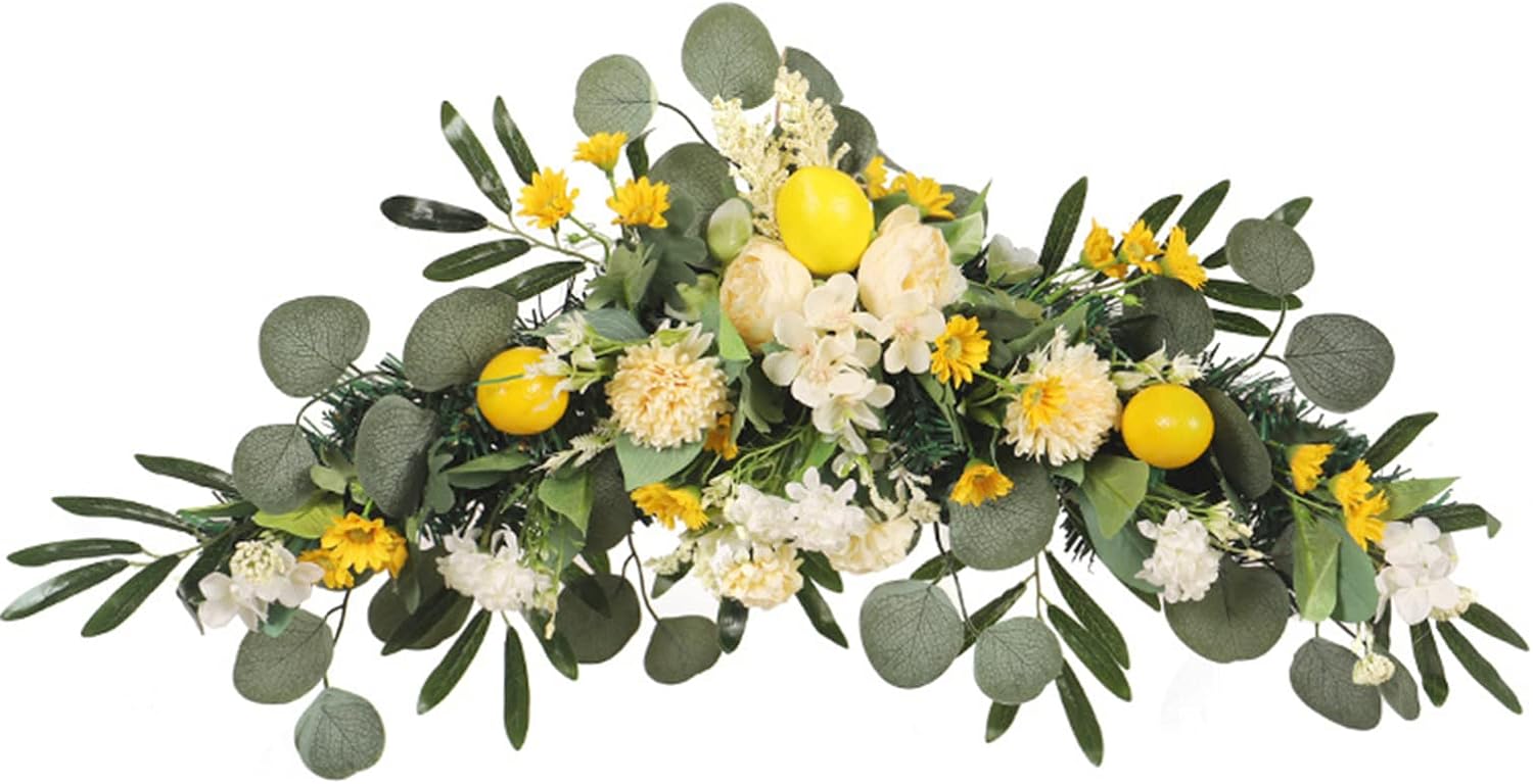 belupai 27.5in Artificial Peony Daisy Swag, Fake Yellow Foam Lemon Garland with Green Eucalyptus Leaves, Rustic Faux Flower Floral Swag Spring Summer Decorative Swag for Home Party(Without Lights)