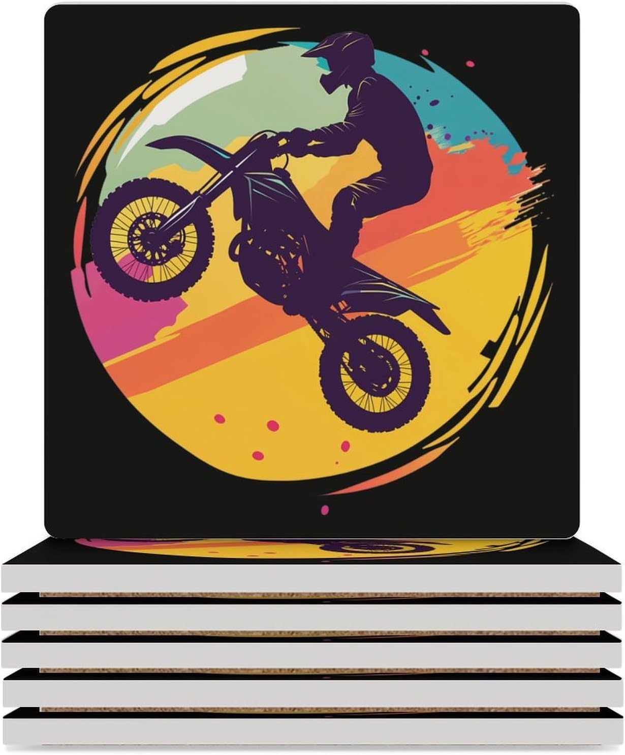 Dirt-Bike-Motocross Rider Ceramic Coasters Square Drinks Coaster Coffee Table Decor Table Coaster for Home Bar