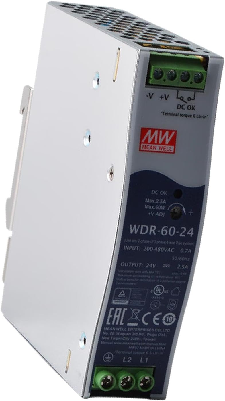 WDR-60-24, 60W DIN Rail Power Supply; 24V@2.5A; 180-550V AC In