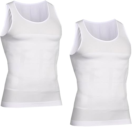 Hoter Mens Body Shaper Slimming Vest, Men's Compression Base Layer Slim Compression Muscle Tank Shapewear, Z2-white(2pieces), S
