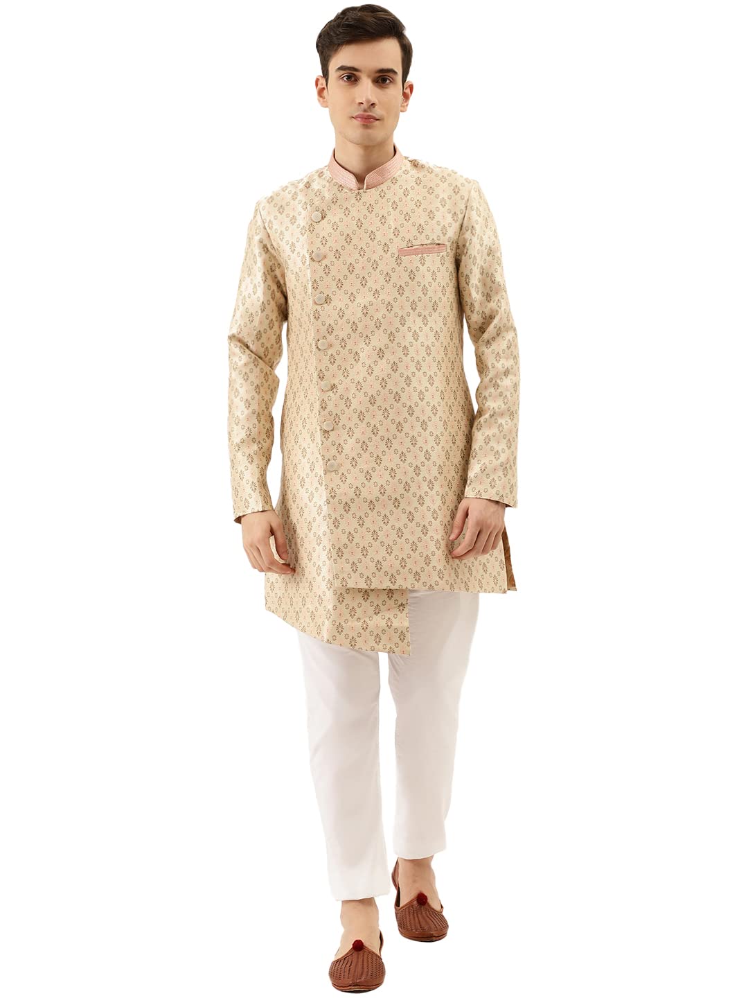 Manyavar Indowestern i Patiala zestaw dla mężczyzn, pełne rękawy, kołnierz mandarynki, mieszanka jedwabiu, Indowesten, 2-częściowy, beżowy