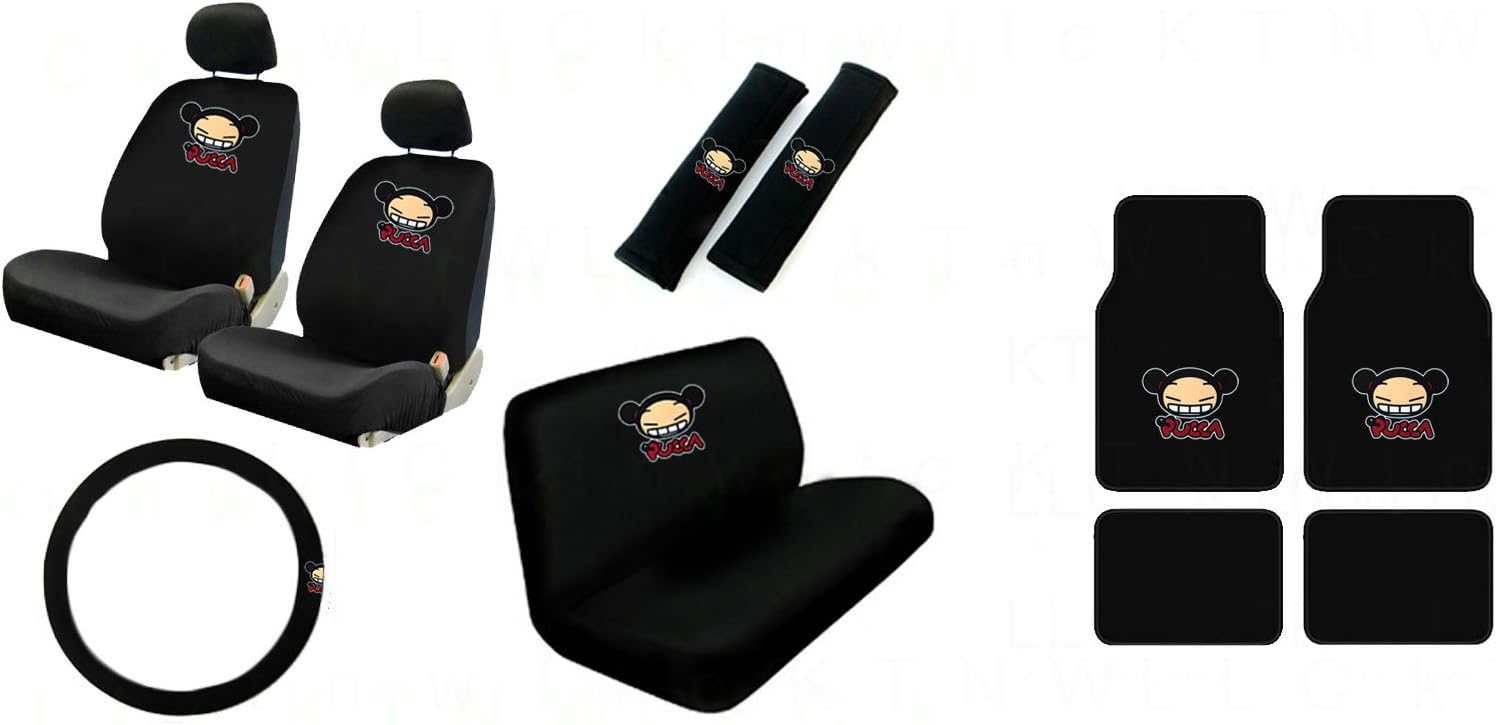 2 Low Back Front Bucket Seat Covers with Separate Headrest Cover, 1 Steering Wheel Cover, 2 Shoulder Harness Pressure Relief Cover,1 Bench Cover, 2 Front and 2 Rear Floor Mats - Pucca Happy Face