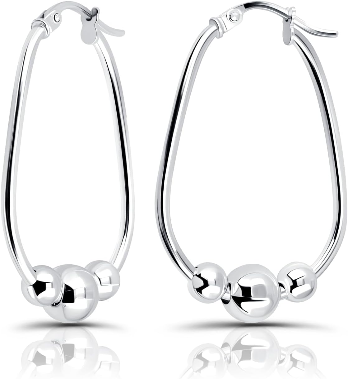 Hoops & Loops 925 Sterling Silver Beaded Hoop Earrings for Women, 18mm & 30mm Ball Bead Dangle Click-Top Hoops, Two-Tone 14k Gold, Rose Gold, Black Flash Plated Sterling Silver