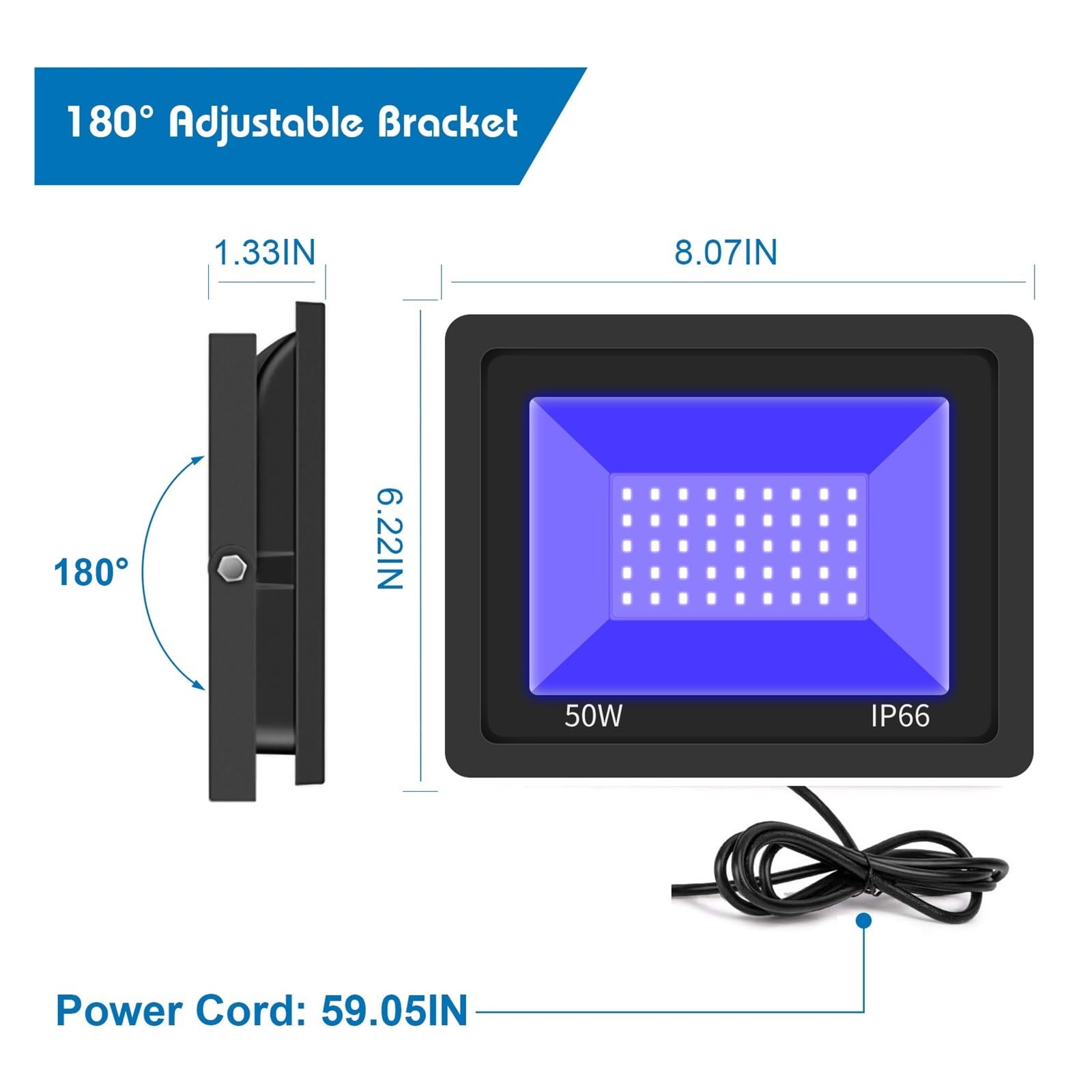 Luce LED UV, Faretto UV LED da 30 W, faretto UV da 365 Nm, faretto UV impermeabile IP66, effetto luce ultravioletta con interruttore on/off for feste, DJ per unghie in gel UV e polimerizzazione ultrav