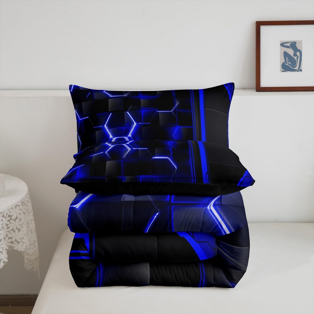 Feelyou Blue and Black Comforter Set Bedding Set for Kids Boys Girls Room Decor Geometric Honeycomb Duvet Quilt Twin Size Modern Geometrical 2Pcs
