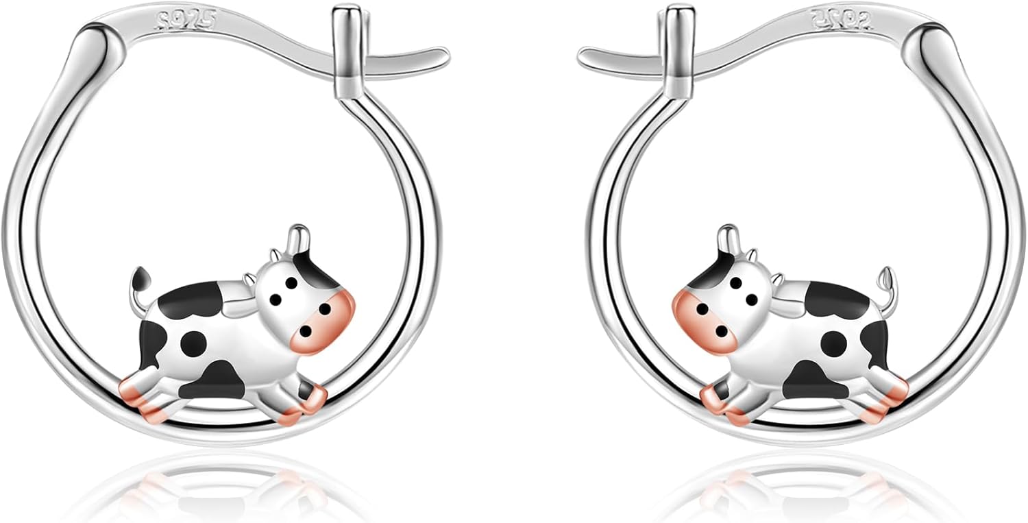 Bunny/Cow Hoop Earrings 925 Sterling Silver Small Animal Huggie Earrings Cute Jewelry Gifts for Women Sister