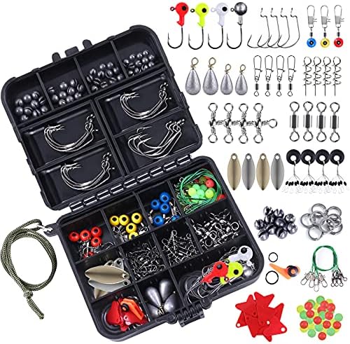 TOPFORT 187pcs Fishing Accessories Kit, Including Jig Hooks, Bullet Bass Casting Sinker Weights, Fishing Swivels Snaps, Sinker Slides, Fishing Set with Tackle Box