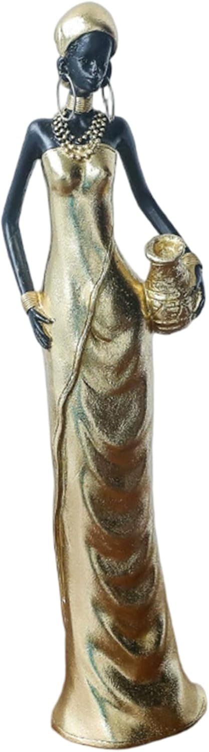 Gcroet 1PC African Sculpture, African Woman Black Figurines Resin Art Decor Tribal Style Statues with Vase for Living Room, Home and Office Accessory..