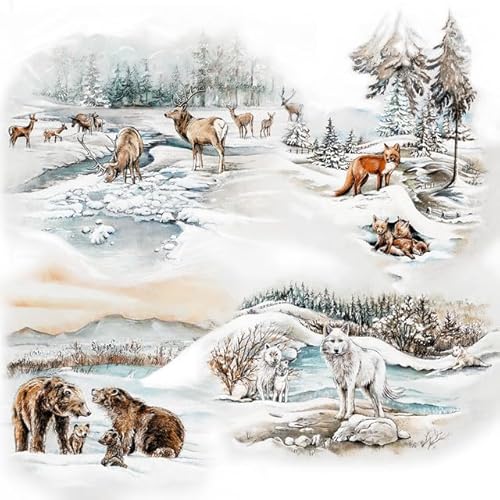 20 servetten winter winterdieren met familie als tafeldecoratie. Papieren servetten met motief voor Kerstmis vos wolf hert beer. Ook voor decoupage en servettentechniek 33 x 33 cm