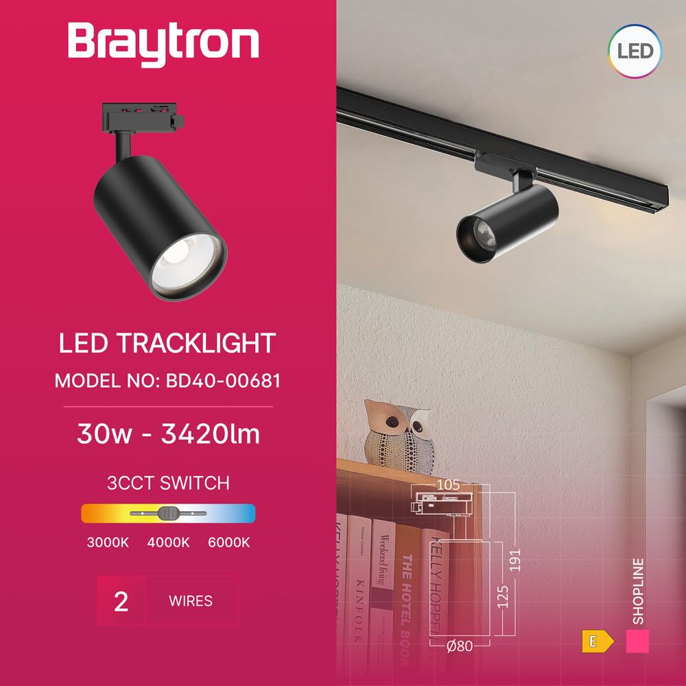 Braytron LED Schienenstrahler 30W für 1-Phasen Schienensystem, dreh- und schwenkbar, 3CCT 3000K 4000K 6500K, LED Track Light Aluminium Deckenstrahler, für Büro, Shop, Küche (Schwarz, 30, Watt)