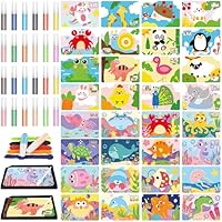 TESIN 60 Pcs Sand Art Kits Сolor Sand Art Pictures Peel and Stick 12 Color 32 Pcs Painting Board 2 Brush 2 Painting Tray 24 Bottles