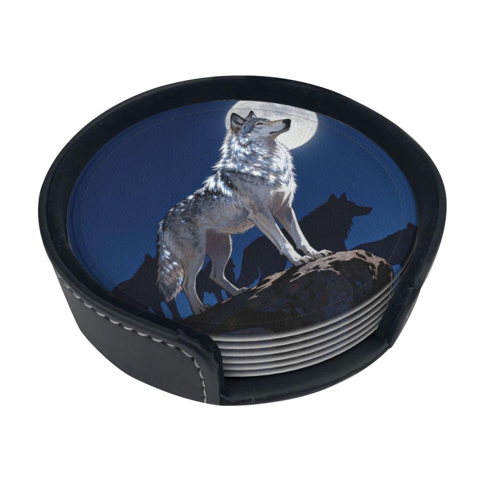 Cntdbu White Alpha Wolf Leader Leather Coasters Set Of 6-Pu Leather Drink Mats For Table, Heat Resistant Round Coasters With Holder