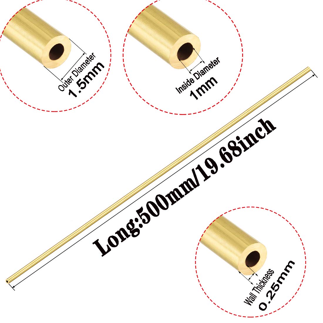 Métal Cuivre Laiton Tubes Ronds, 1,5 Mm Diamètre Extérieur, 1Mm Intérieur Diamete, Epaisseur De Paroi De 0,25 Mm, Longueur: 50Cm / 6Pcs 19.68Inch