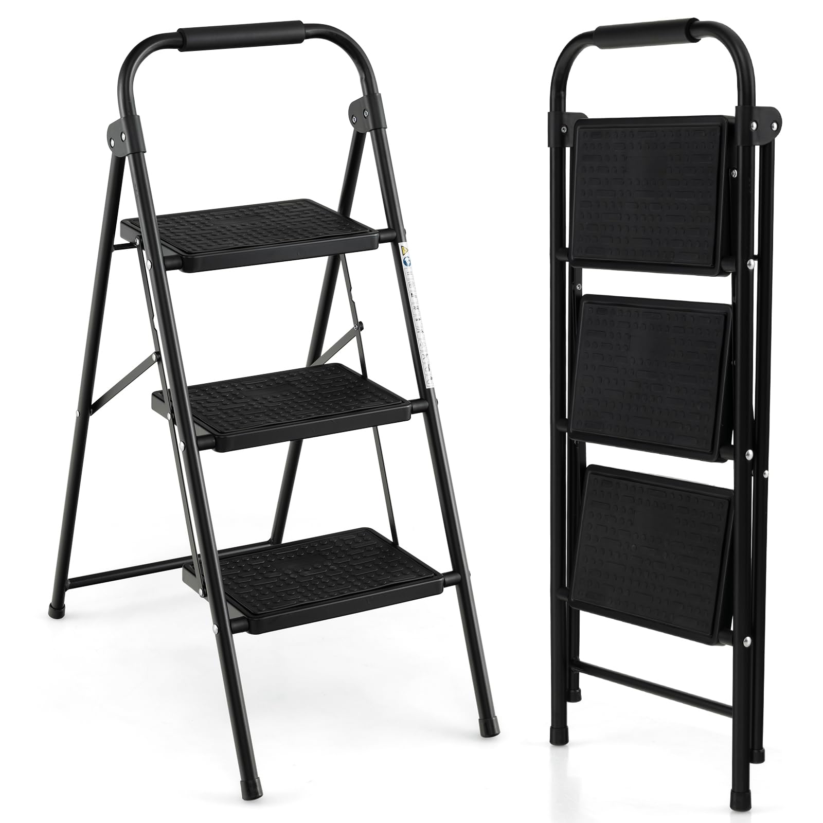 HOMFME Folding 2/3/4 Step Ladder, 150kg/265kg Capacity Anti Slip Tread Stepladder with Anti-Slip Pedal and Locking Device, Safety Metal Ladder Stool for Household Garage Shop (3 Step)