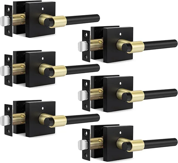 goldenwarm 6 Pack Black and Gold Interior Door Handles, Heavy Duty Privacy Door Levers, Black and Gold Door Handles Interior for Bedroom and Bathroom(Square, Zinc Alloy)
