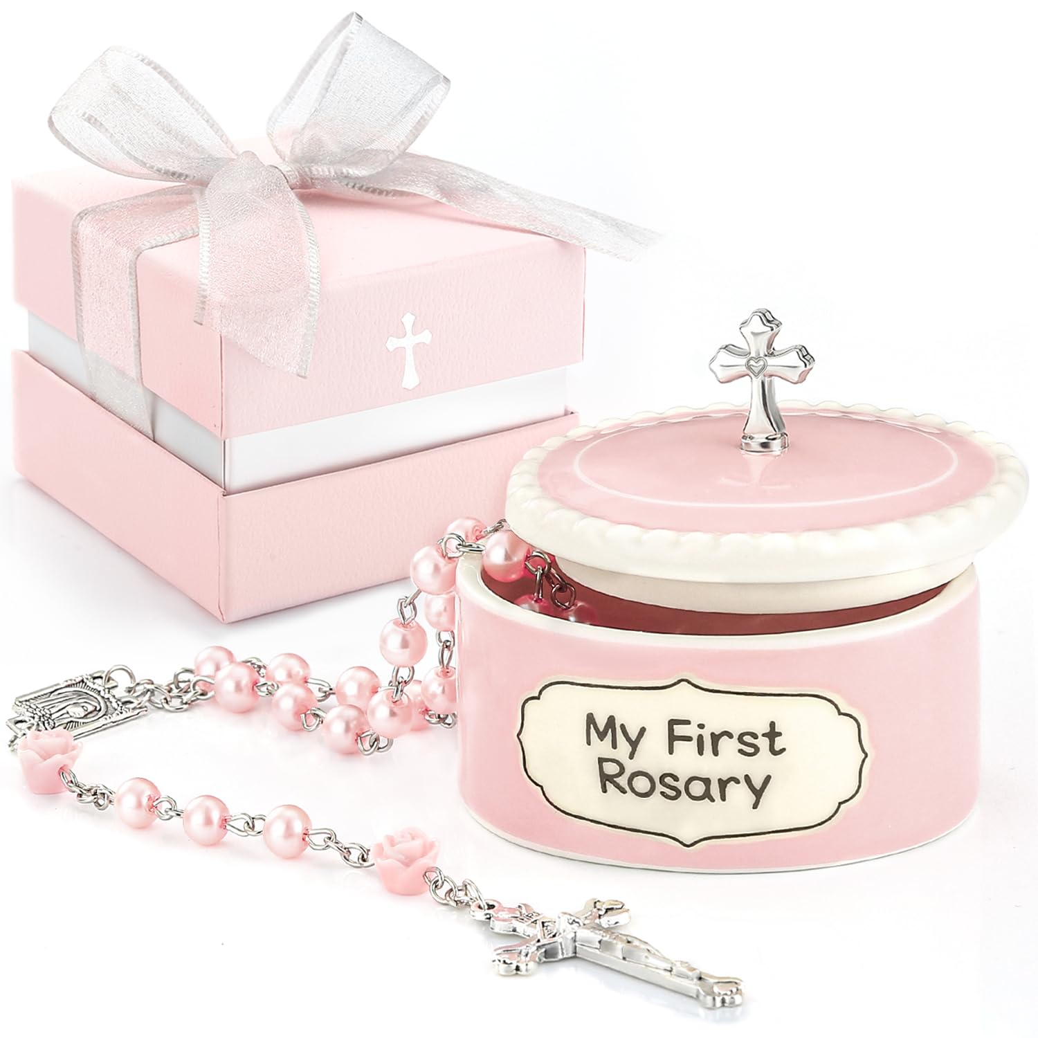Baptism Gifts for Girl - My First Rosary with Ceramic Keepsake Box, Catholic Christening Gift Set, Pink Rosary for Kids, Baptism, First Communion & Baby Dedication Gifts for Newborn Baby Girls