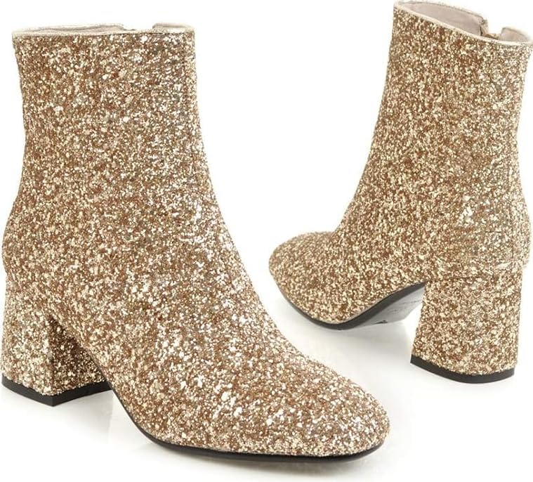Women's Mid Block Heel Glitter Ankle Boots - Zipper Closure Sparkly Booties for Party & Prom, Stylish Footwear for Ladies