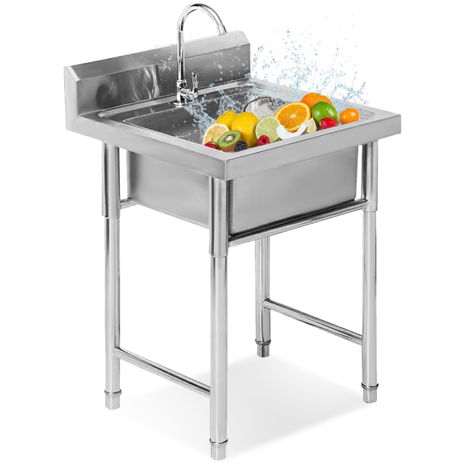 Fregadero de Cocina utilitario de Acero Inoxidable Independiente, Comercial, para restaurantes, de un Solo Seno con Grifo, para Garaje, Restaurante, Cocina, Exterior.